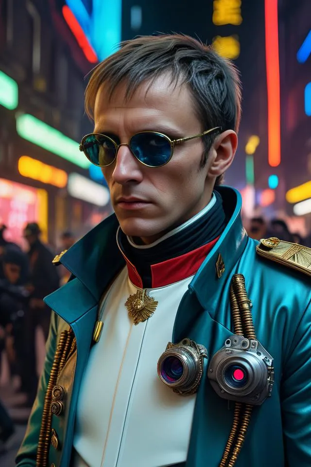 A cyberpunk soldier wearing a teal jacket with gold embellishments, featuring high-tech gadgets and sunglasses in a neon-lit street. AI generated image using stable diffusion.