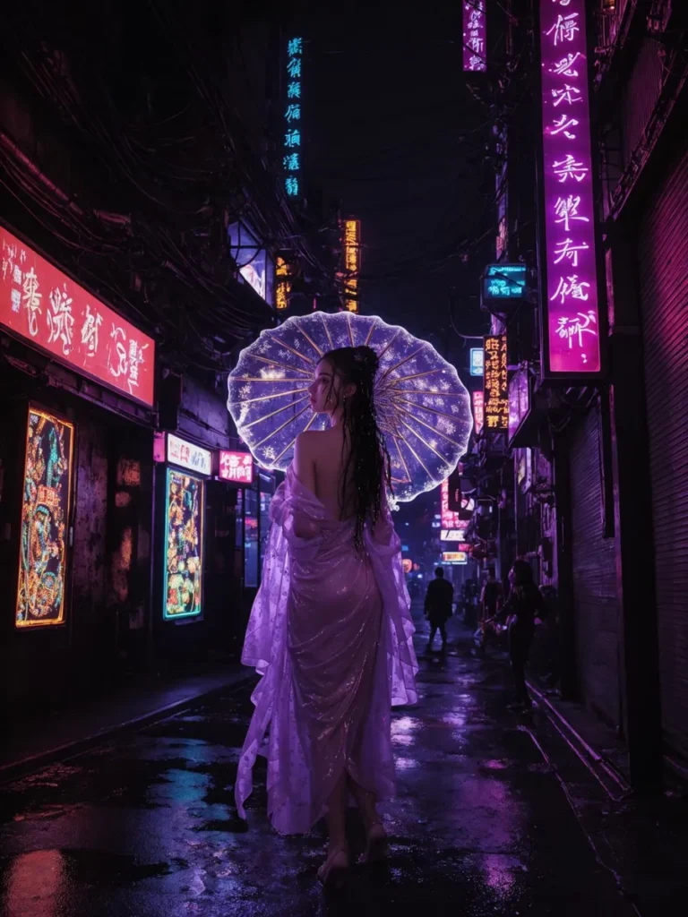 Cyberpunk-themed AI generated image using stable diffusion featuring a woman in a flowing gown holding a translucent umbrella, walking down a neon-lit street at night.