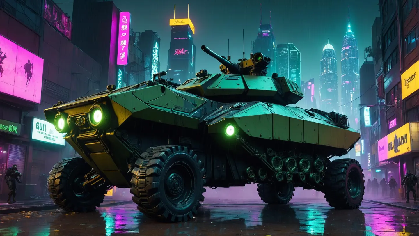 A cyberpunk tank in a neon-lit futuristic city street, AI generated image using Stable Diffusion.
