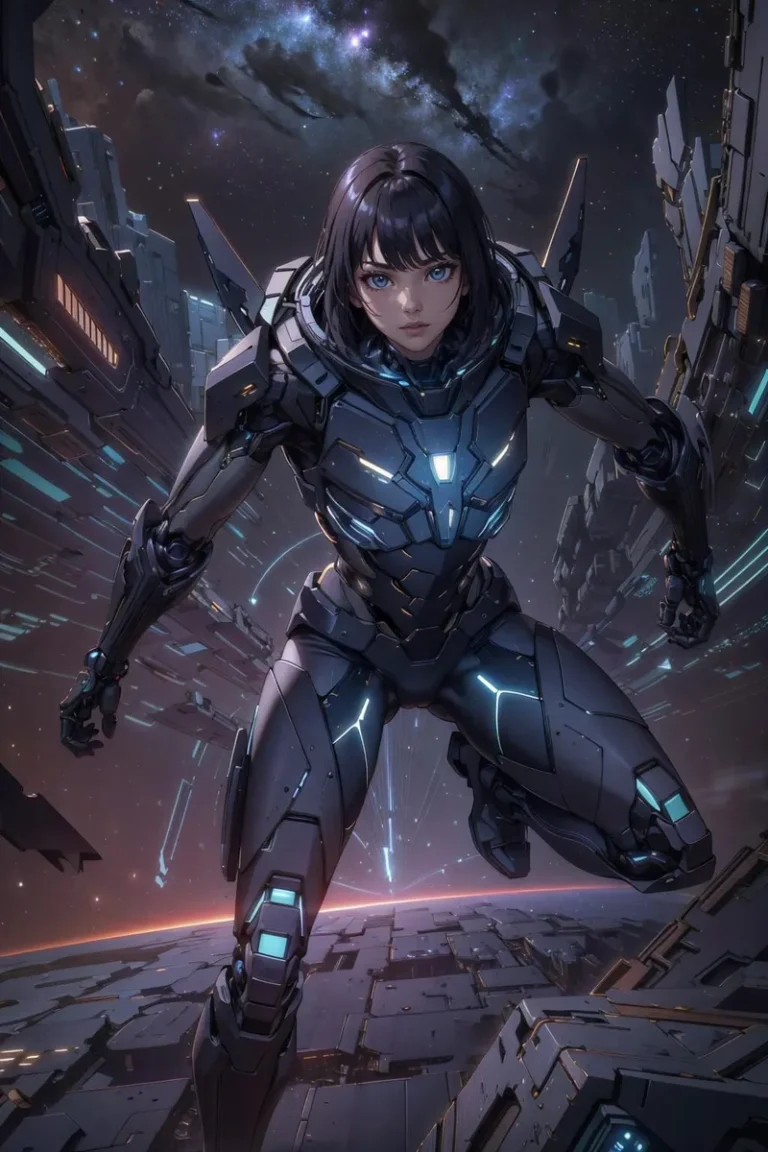 A futuristic cyberpunk warrior in sleek, high-tech armor set in a space environment, created using stable diffusion.