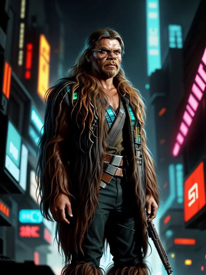A cyberpunk warrior with long hair and glasses, dressed in futuristic attire, stands in a neon-lit cityscape. AI generated image using Stable Diffusion.