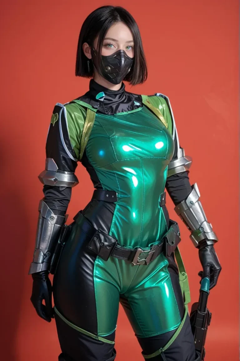 A futuristic cyberpunk warrior in shiny green and black armored costume holding a weapon, AI generated using Stable Diffusion.