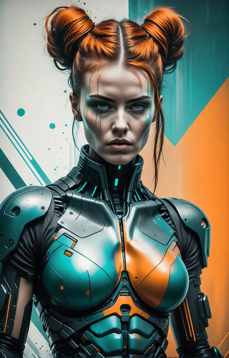 AI generated image of a cyberpunk warrior female cyborg with vibrant hair and futuristic armor using stable diffusion.