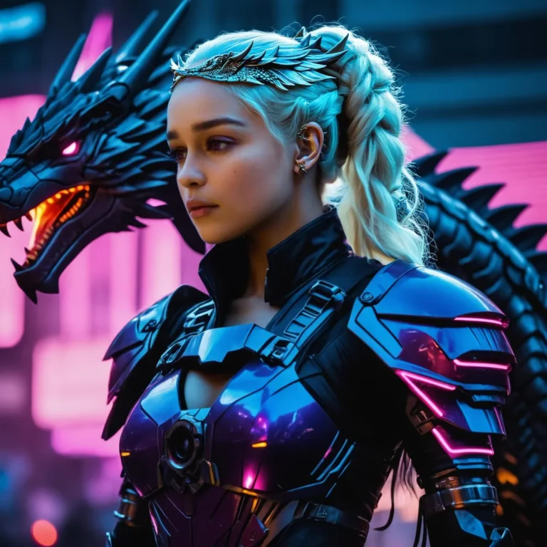 A stunning AI generated image using Stable Diffusion depicting a female cyberpunk warrior in futuristic armor with a dragon in the background.