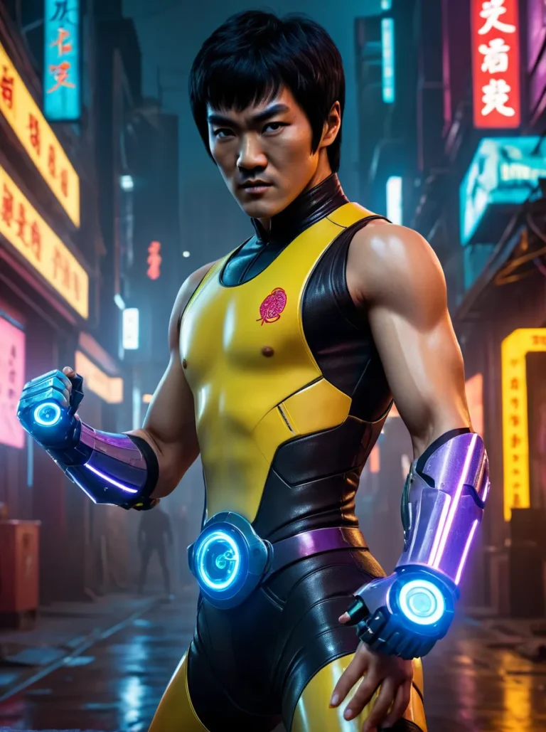 Cyberpunk warrior in a futuristic yellow and black combat suit with glowing blue technology, standing in a neon-lit city street created using Stable Diffusion.