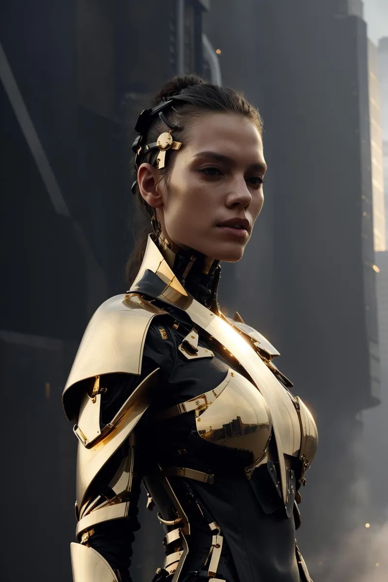 AI generated image of a cyberpunk woman in golden armor using Stable Diffusion.