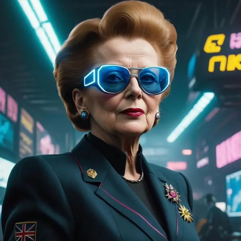 A detailed AI generated image using stable diffusion features an elderly woman in a cyberpunk-style setting wearing glowing blue futuristic glasses and a stylish suit adorned with pins.