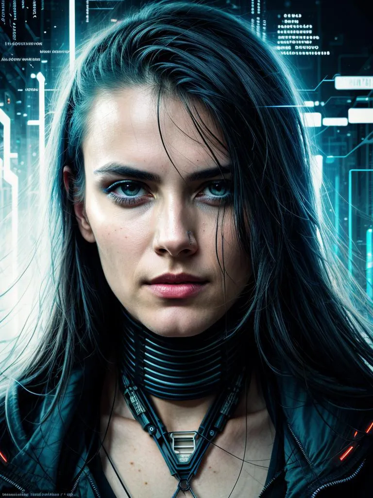 A cyberpunk woman with blue eyes and a high-tech collar in a futuristic setting. AI generated image using Stable Diffusion.