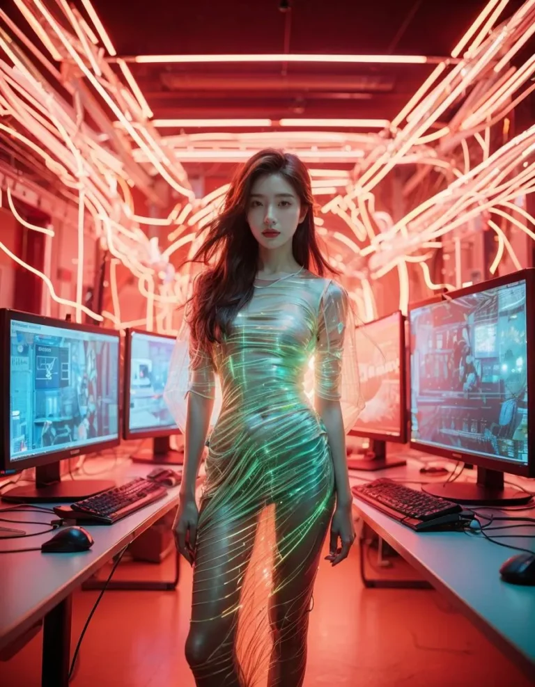 A cyberpunk woman in a futuristic environment with neon lights, wearing a glowing, metallic dress. AI generated image using Stable Diffusion.