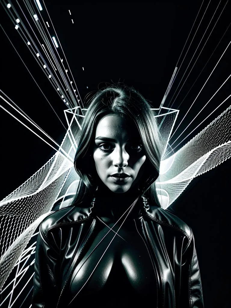 A cyberpunk woman in a black leather outfit stands against a futuristic background with geometric light patterns. AI generated image using Stable Diffusion.