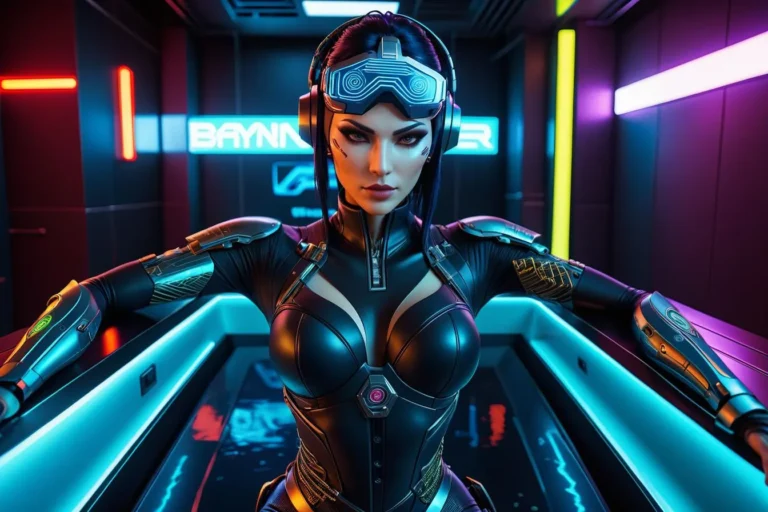 Cyberpunk woman in futuristic armor and VR headset standing in neon-lit room, AI generated image using Stable Diffusion.