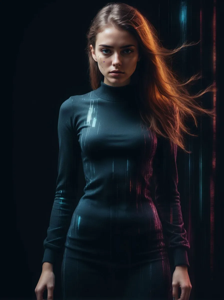 A cyberpunk woman in a futuristic portrait with long brown hair, wearing a dark form-fitting suit with digital light effects, generated using Stable Diffusion.