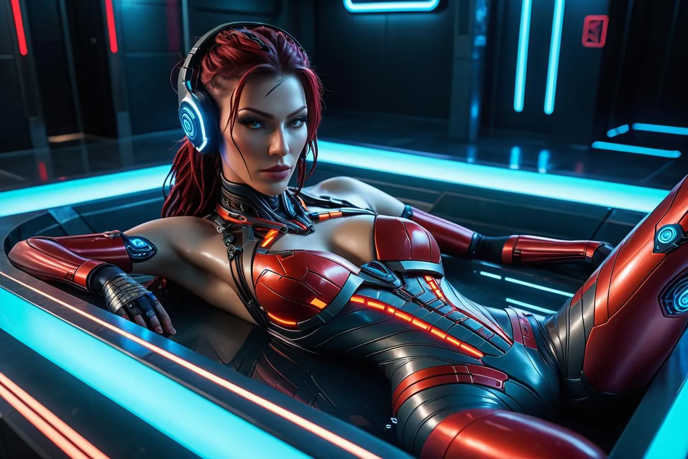 AI generated image of a confident cyberpunk woman wearing a red and black futuristic suit, with glowing neon lights, listening to music through high-tech headphones in a sci-fi setting.
