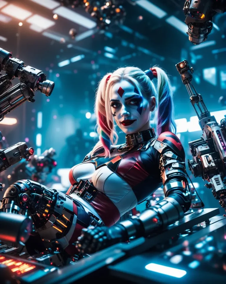 Cyberpunk woman with colorful hair and face paint, equipped with robotic arms in a futuristic setting, generated using Stable Diffusion AI.