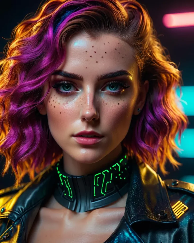 A Cyberpunk woman with vibrant pink and purple hair wearing a futuristic collar and black leather jacket, AI-generated using Stable Diffusion.