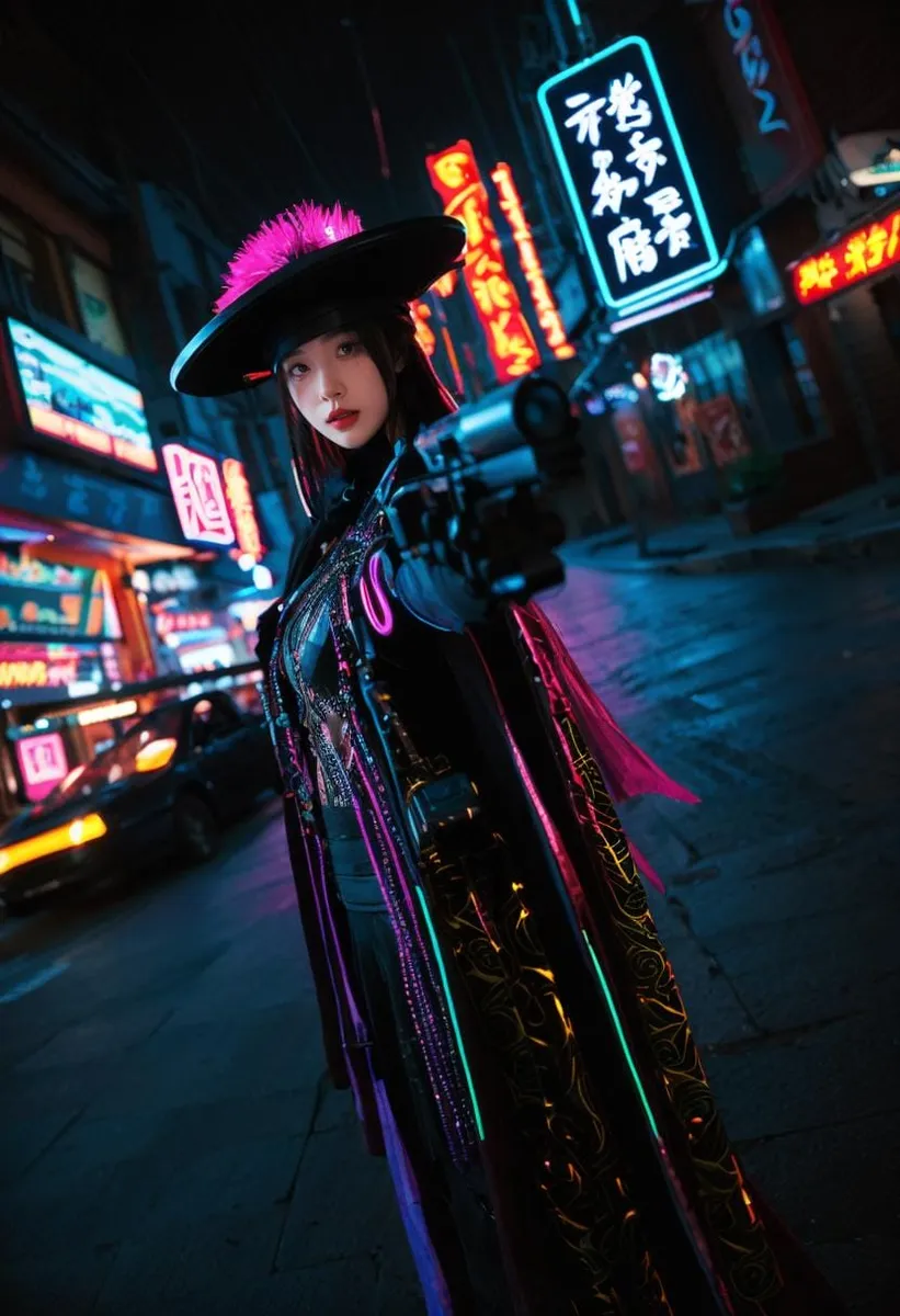 A cyberpunk woman warrior in a neon-lit street at night, created using Stable Diffusion. She is dressed in futuristic attire with neon accents and is holding a gun, exuding strength and authority.