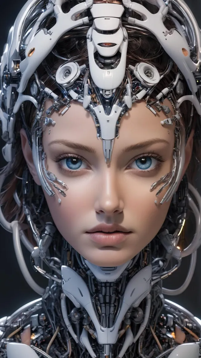 A hyper-realistic AI-generated image using Stable Diffusion of a female cyborg with blue eyes and intricate mechanical features.