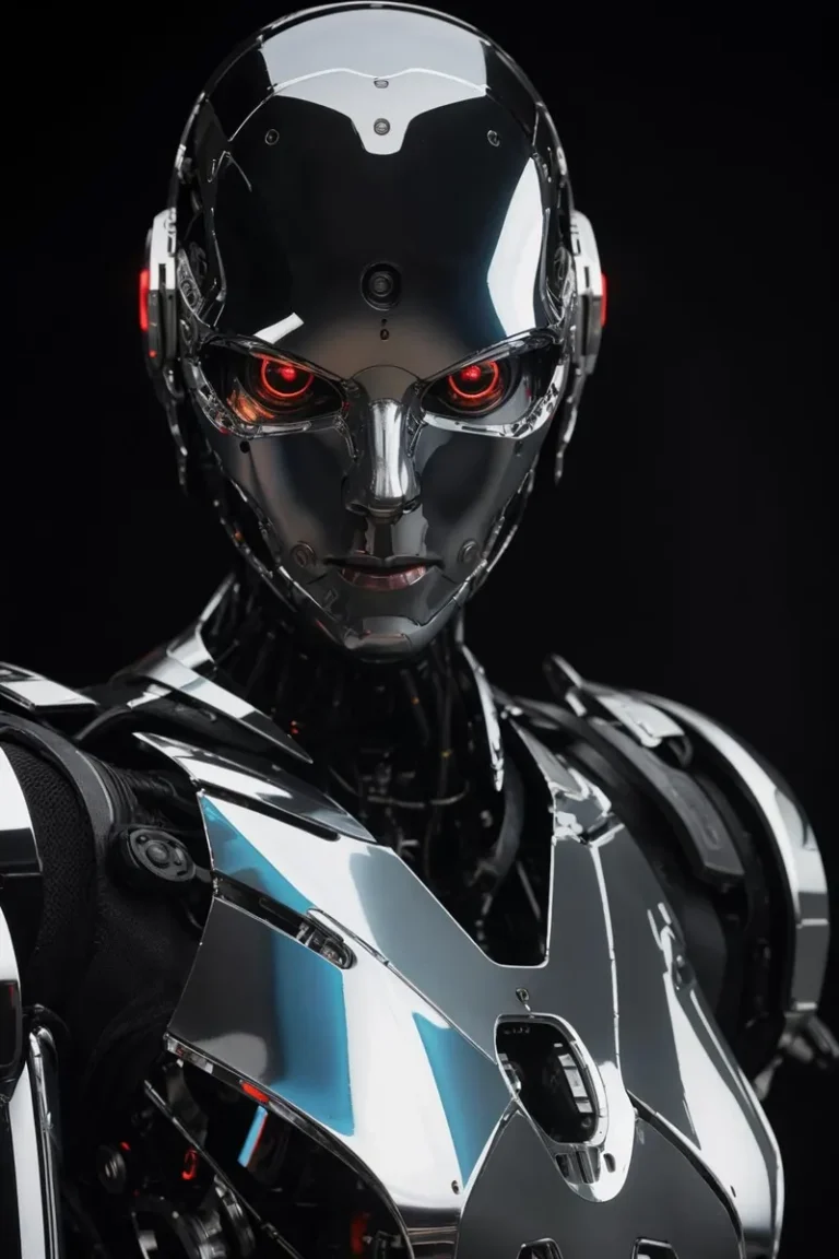 Cyborg with glowing red eyes and metallic features, an AI generated image using Stable Diffusion.