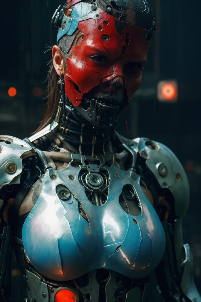 A highly detailed AI generated image using Stable Diffusion. It features a futuristic cyborg warrior with a red mask and intricate mechanical parts.