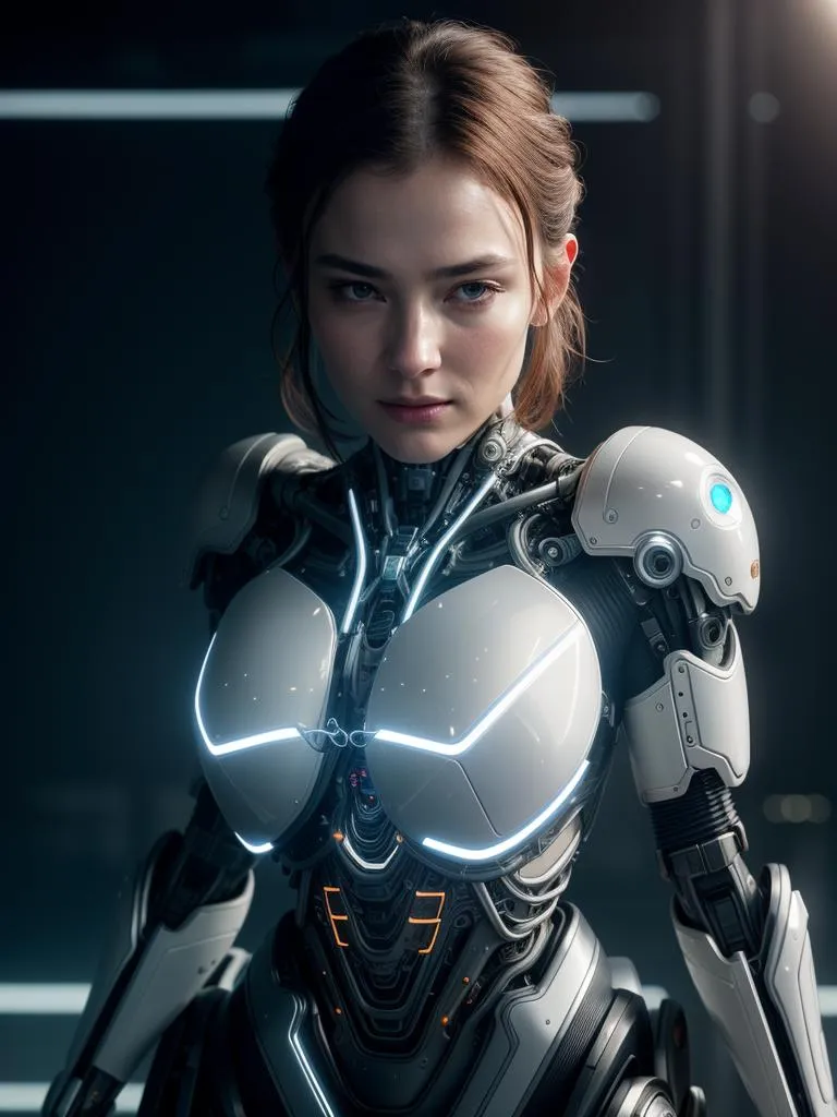 Cyborg woman in futuristic, highly detailed armor with glowing blue lights. AI-generated image using Stable Diffusion.