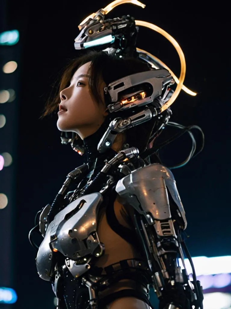 AI-generated image using Stable Diffusion of a cyborg woman in futuristic armor with glowing lights and intricate mechanical details.