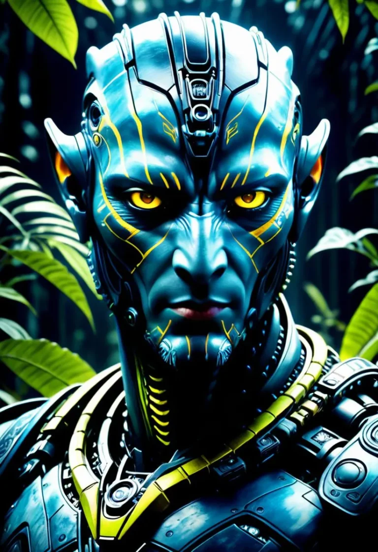 A blue cyborg alien with intricate markings and yellow eyes in futuristic armor, generated by AI using Stable Diffusion.