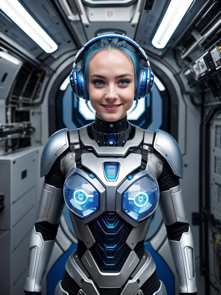 AI generated image using stable diffusion showing a cyborg female android with blue headphones and illuminated chest, standing in a futuristic setting.