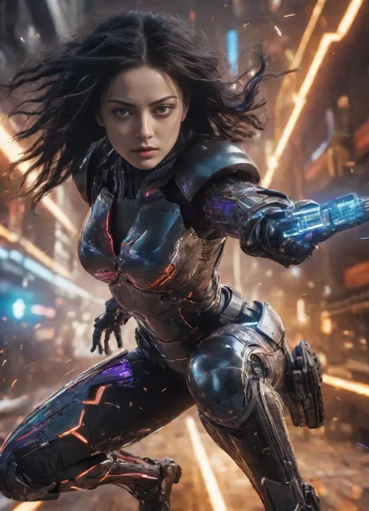 A cyborg woman with dark hair in futuristic armor in a dynamic pose, with a glowing blue hand and a cyberpunk city background created using Stable Diffusion.