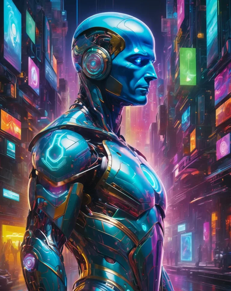 Cyborg with a metallic blue body and glowing circuitry in a brightly lit futuristic cityscape. AI image using Stable Diffusion.