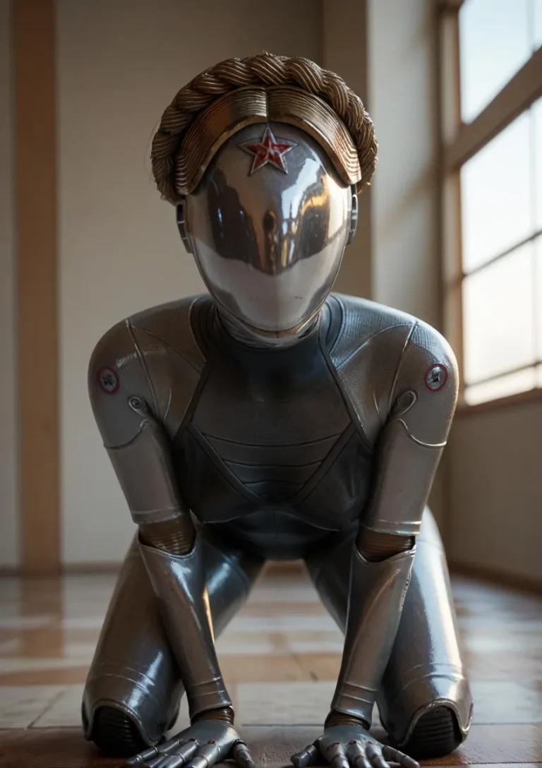 Futuristic cyborg humanoid kneeling in a sunlit room, AI generated image using stable diffusion.
