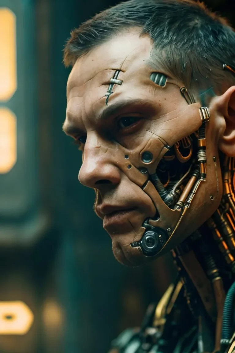 Cyborg-inspired human male with mechanical augmentations and futuristic enhancements, created using Stable Diffusion AI.