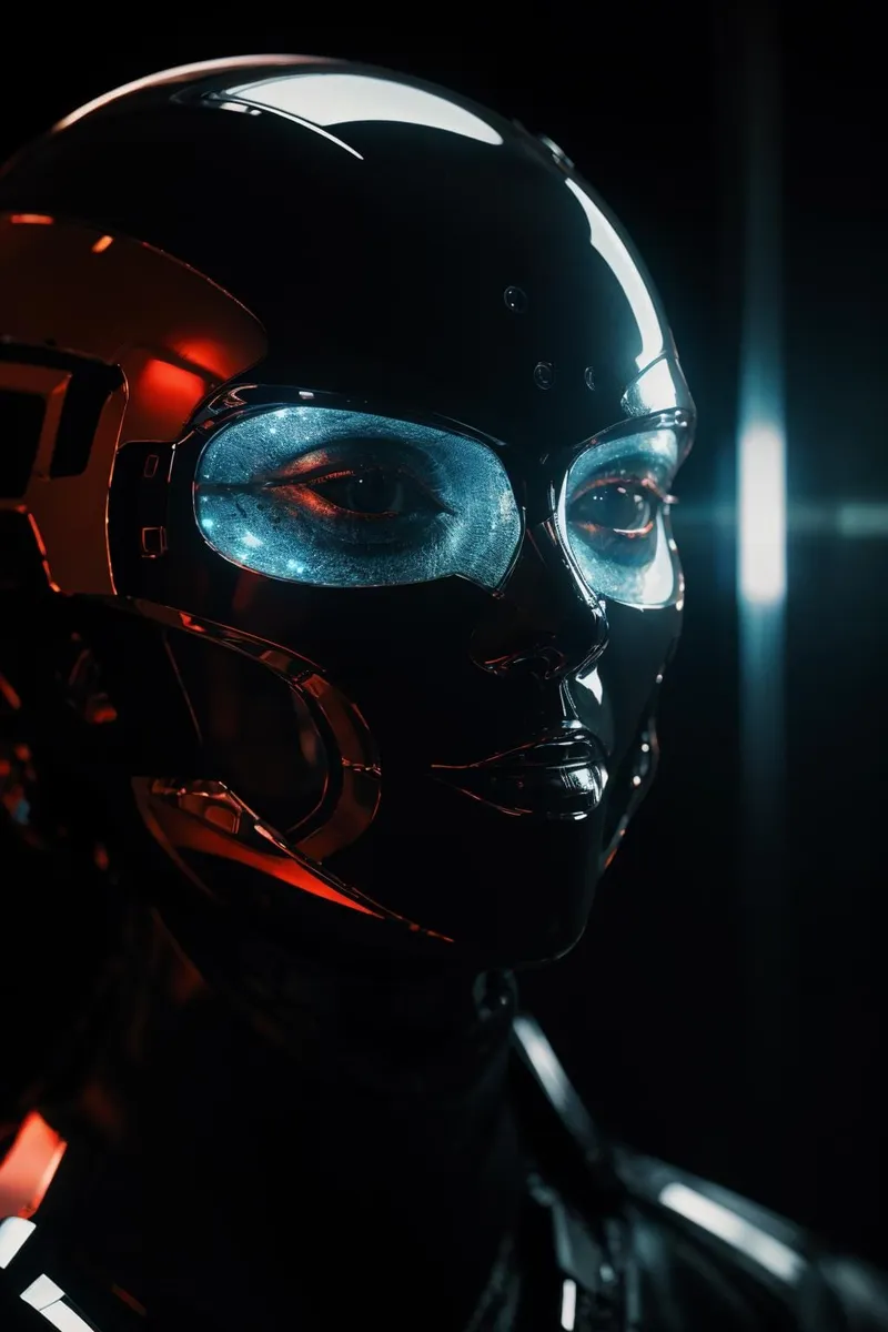 Detailed close-up of a cyborg's face with futuristic blue and orange lighting, AI generated using Stable Diffusion.