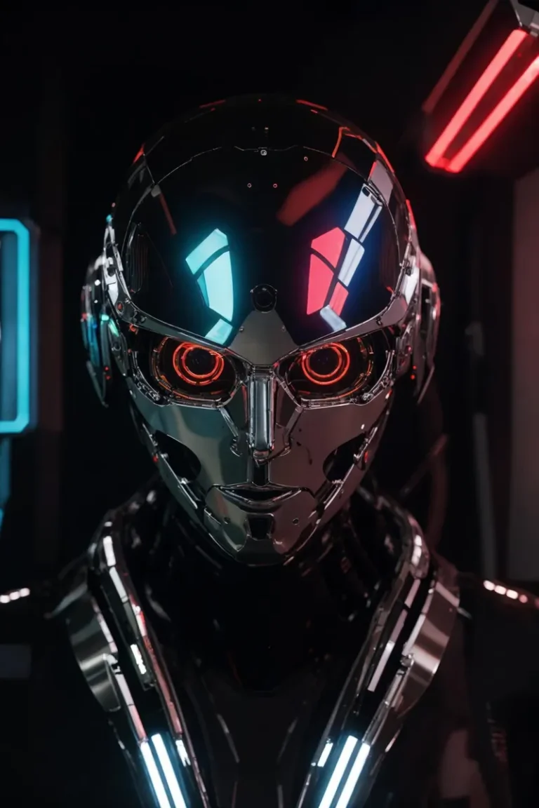 Futuristic cyborg with a metallic face and glowing red eyes in a dark, neon-lit environment. This is an AI generated image using stable diffusion.