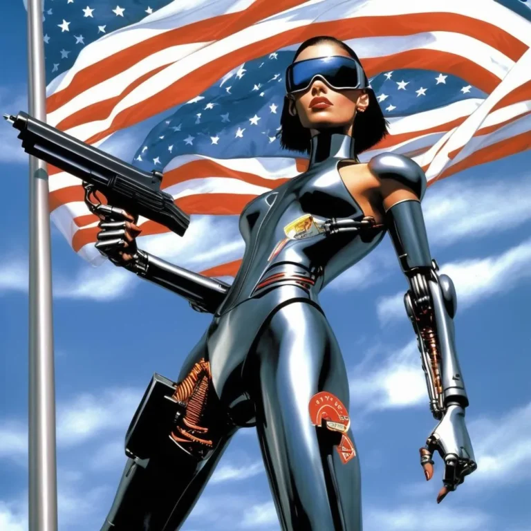 Futuristic cyborg warrior with American flag background. AI generated image using stable diffusion.
