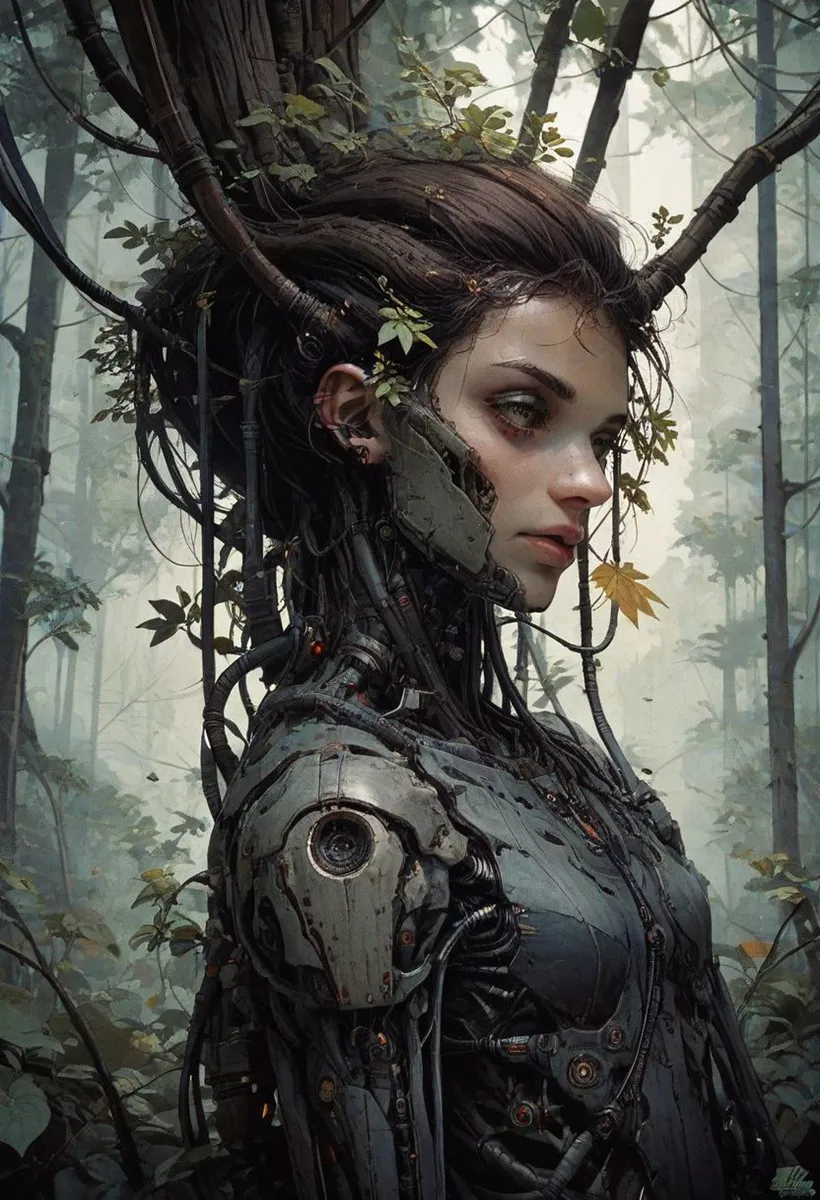 A detailed AI generated image using stable diffusion showcasing a cyborg woman with mechanical body parts integrated with nature elements, standing in a forest.