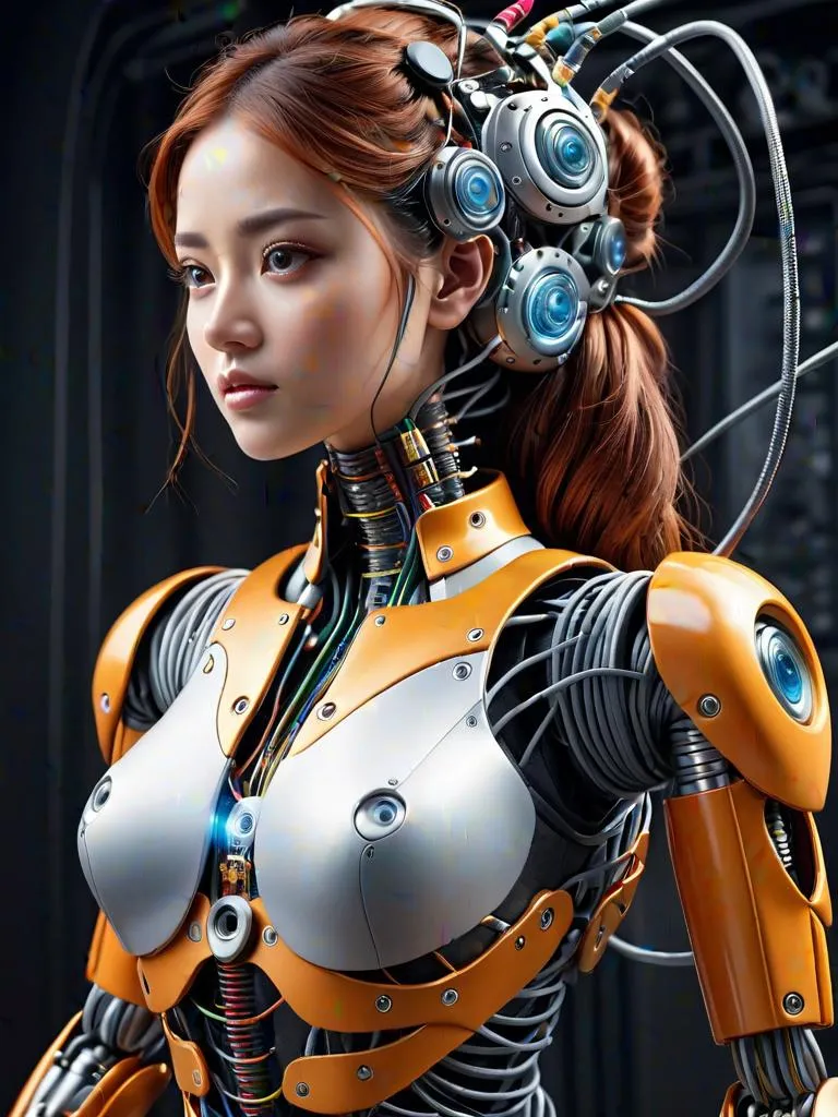 Cyborg woman in advanced robotic attire featuring intricate mechanical components. AI generated image using Stable Diffusion.