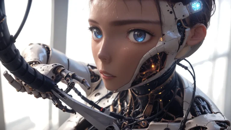 Detailed close-up of a cyborg woman with large blue eyes, featuring complex mechanical components and futuristic design. AI generated image using Stable Diffusion.