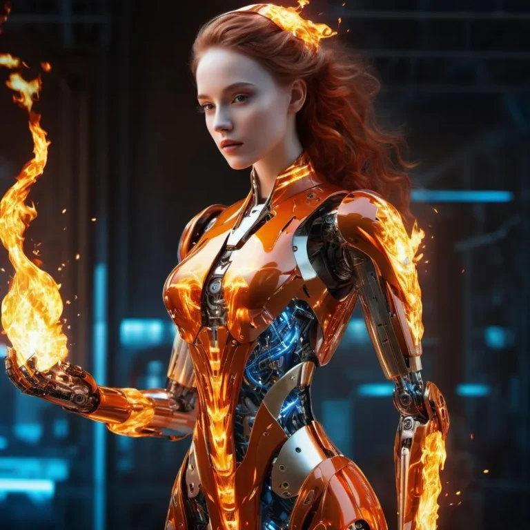 A cyborg woman with sleek metallic armor, fiery hair, and fire manipulation abilities generated using stable diffusion.