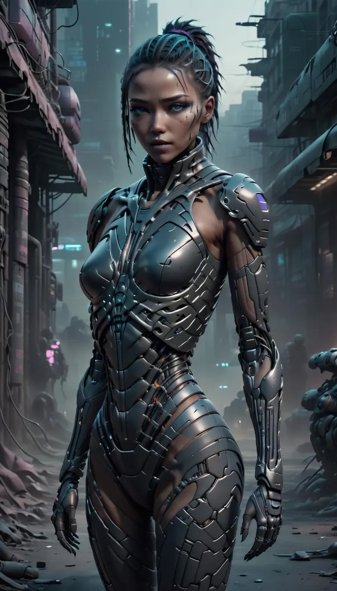 AI generated image of a cyborg woman in detailed, silver futuristic armor, set in a dystopian city background using Stable Diffusion.