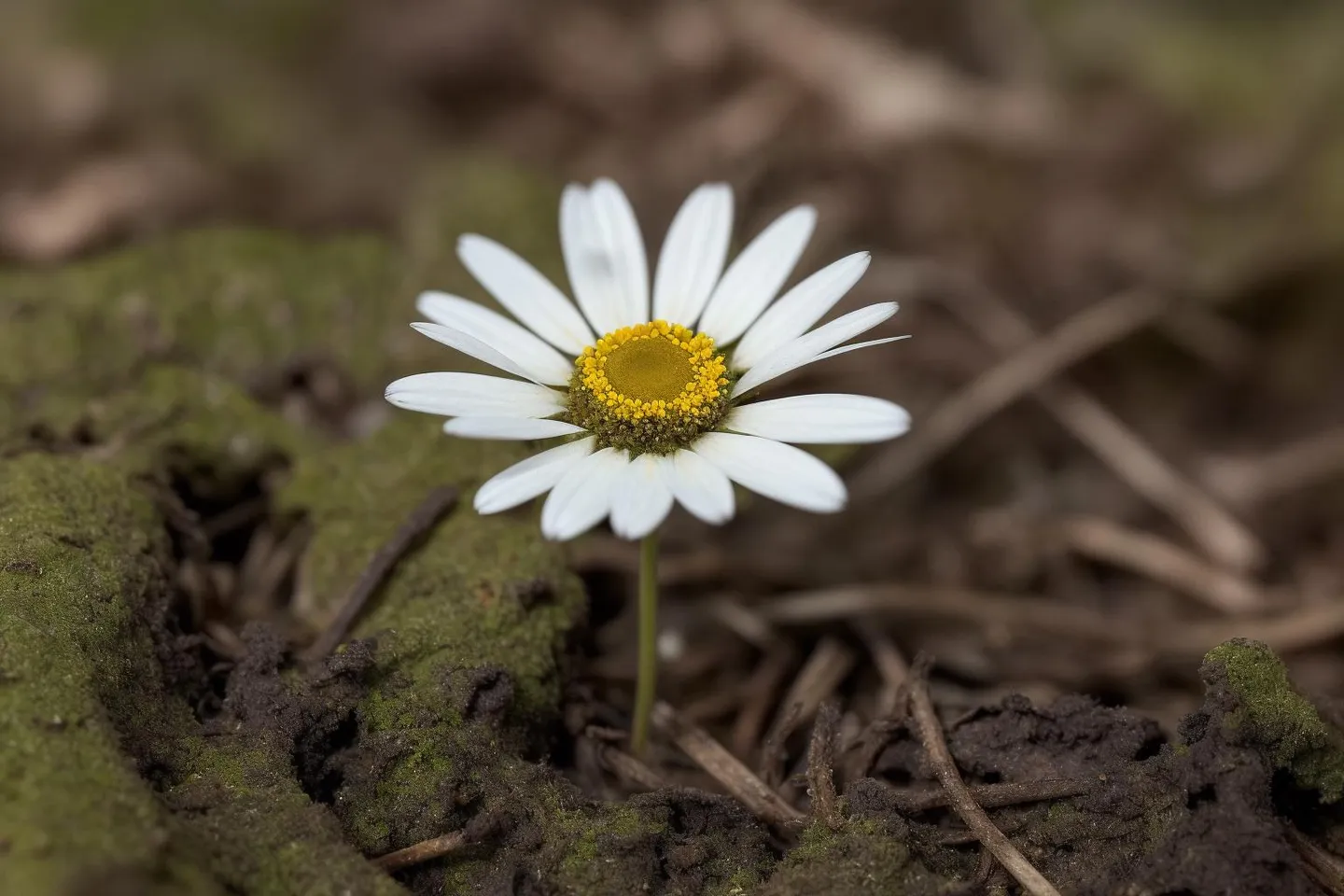 A daisy flower with white petals and a yellow center growing on moss-covered ground.