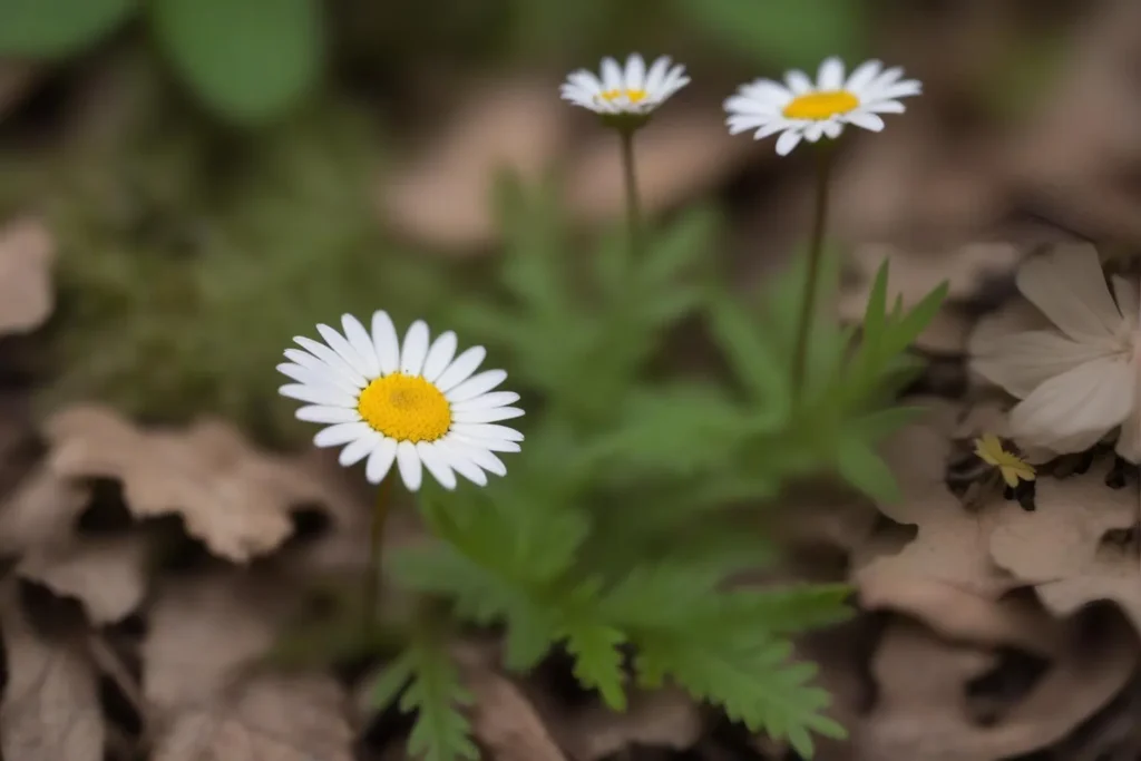 A macro photography shot of a daisy with a yellow center and white petals amidst green foliage and brown background, AI generated using Stable Diffusion.