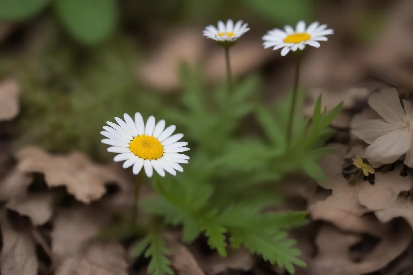 A macro photography shot of a daisy with a yellow center and white petals amidst green foliage and brown background, AI generated using Stable Diffusion.