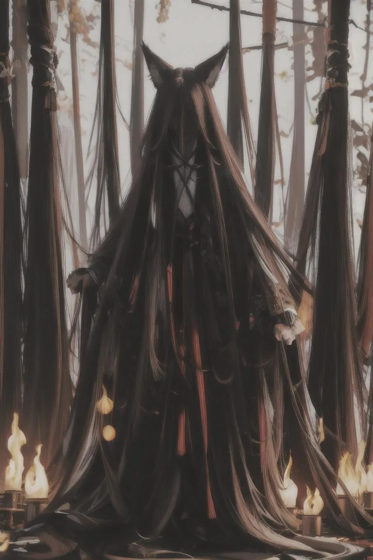 A dark fantasy figure with long flowing hair and animal-like ears stands amid a circle of candles. This is an AI generated image using Stable Diffusion.