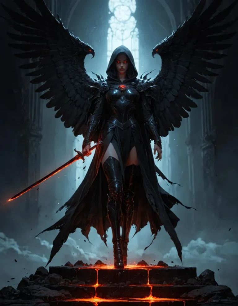 AI generated image using Stable Diffusion, depicting a dark angel warrior woman with large black wings, glowing red eyes, and clad in black armor, holding a fiery sword in a dark, gothic environment.