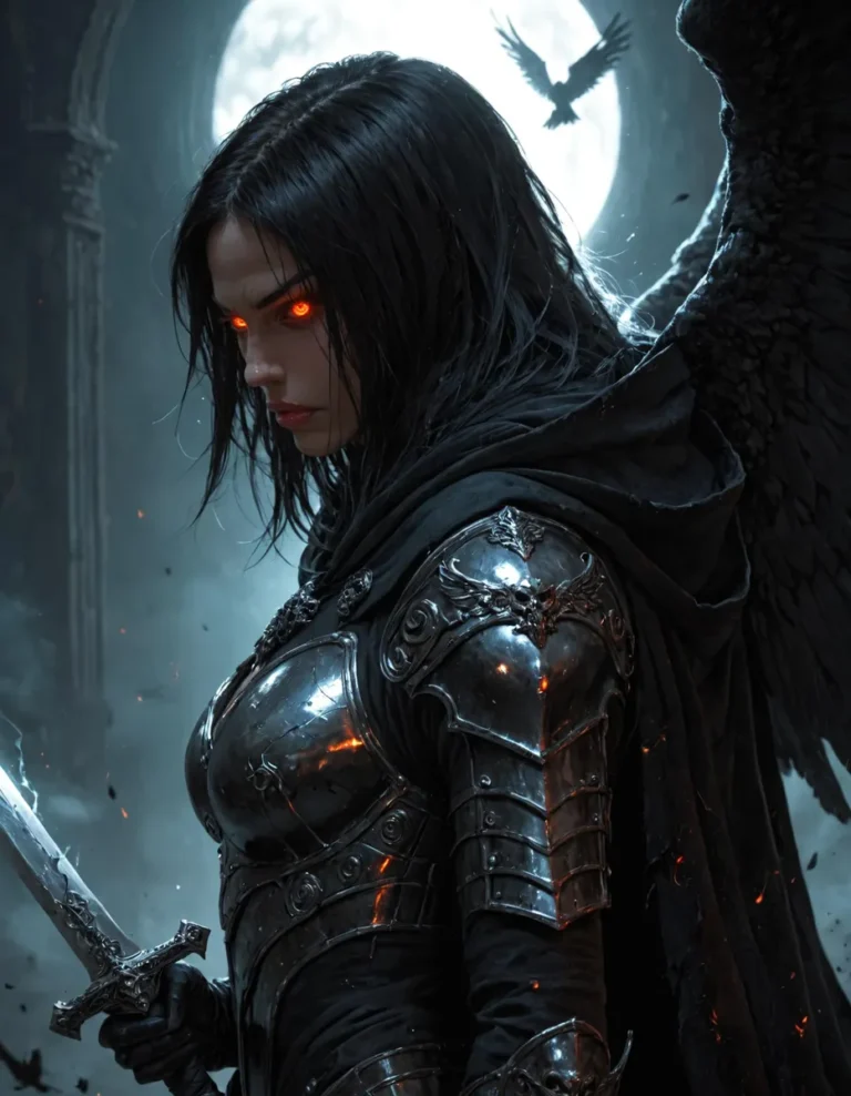 Dark angel warrior woman with glowing eyes and a menacing sword, avatar of desolation in a fantasy art style. AI generated image using Stable Diffusion.
