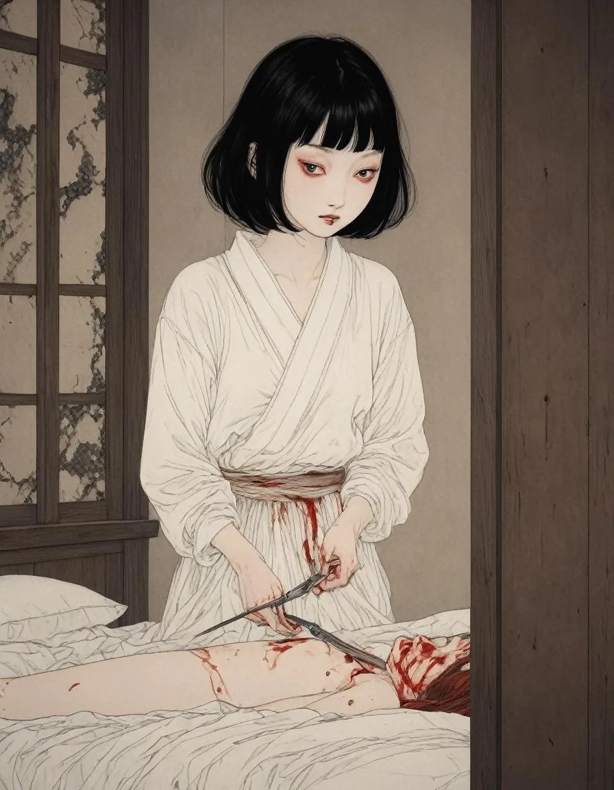 A dark anime girl with short black hair holding blood-stained scissors next to a person lying on a bed, depicting a scene with a somber mood. This is an AI generated image using Stable Diffusion.