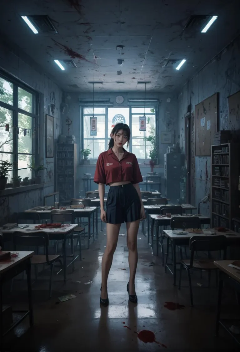 A dark, eerie classroom with a woman standing in the center, created using AI and Stable Diffusion.