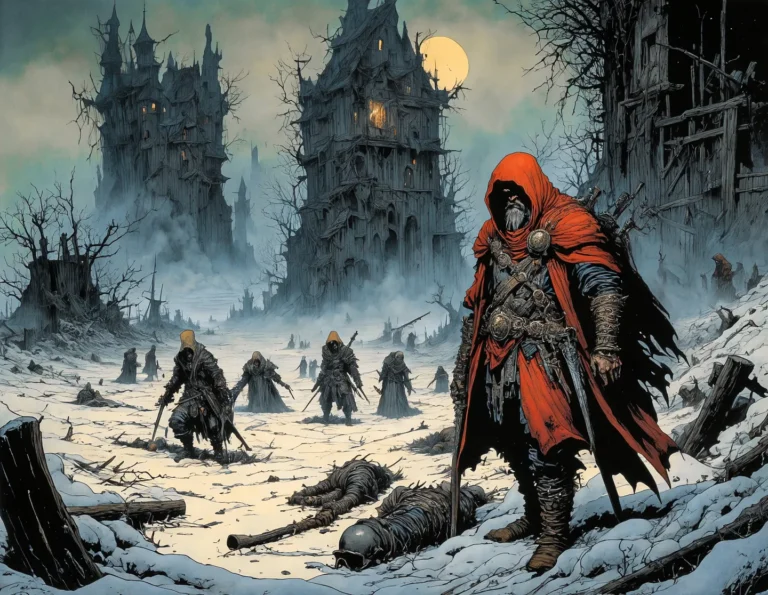 Dark fantasy warrior in post-apocalyptic landscape with ruined castles, wearing red hooded cloak and armor. AI generated image using stable diffusion.