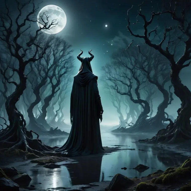 AI generated image featuring a mysterious cloaked figure with horns standing in a dark, eerie forest at night under a full moon, using stable diffusion.