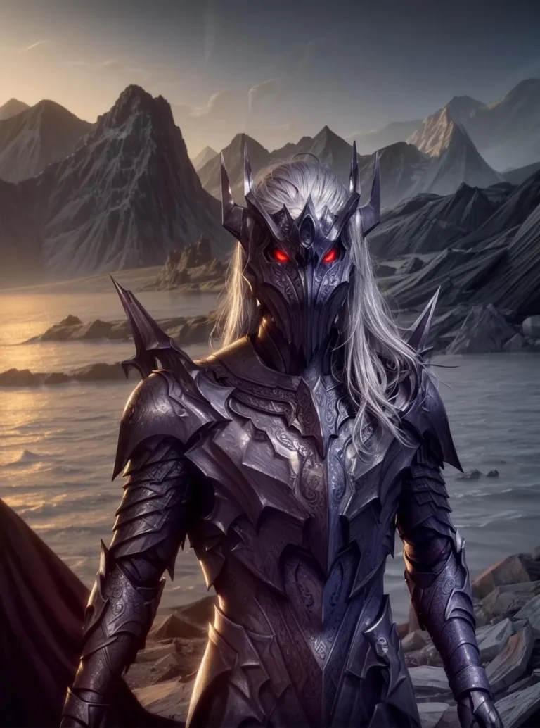 Dark knight in detailed fantasy armor with glowing red eyes, dramatic mountain landscape in the background, AI generated image using stable diffusion